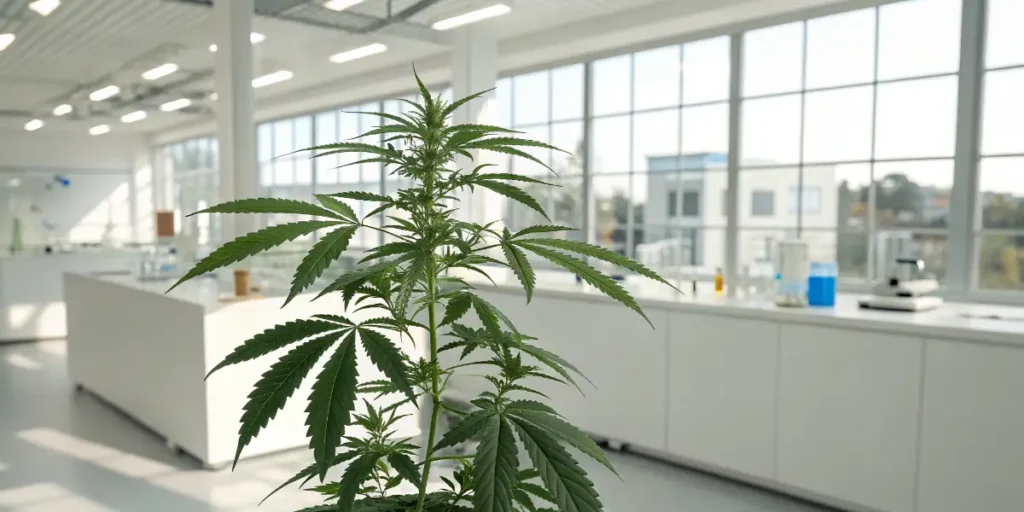Cannabis plant in a clean research lab focused on medical studies.