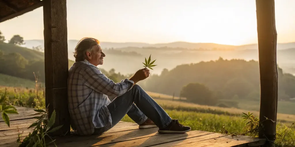 Man holding a cannabis leaf while enjoying nature at sunrise.