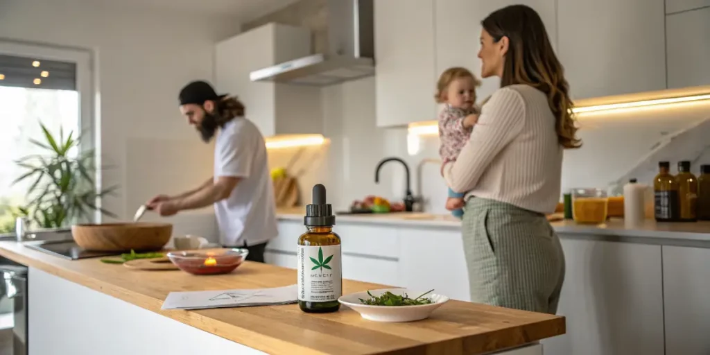 Mother holding her baby near a kitchen counter with a CBD oil bottle.