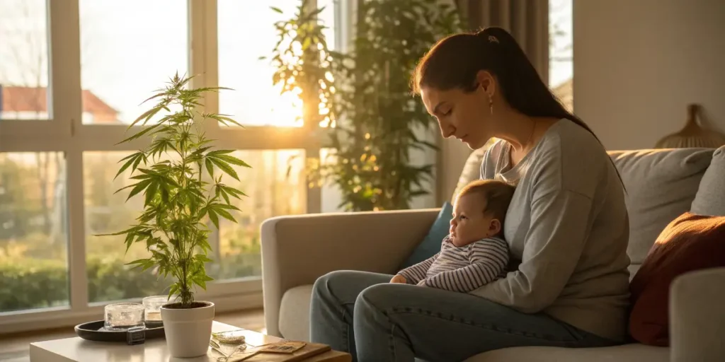 Mother sitting on a sofa with her baby beside a potted cannabis plant.