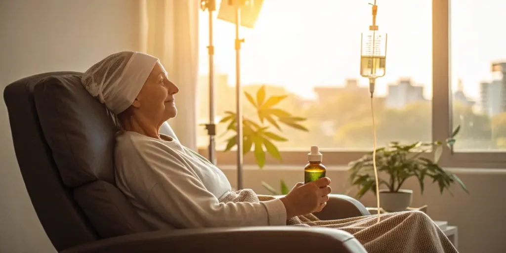 Elderly woman in chemotherapy holding medicinal cannabis oil during a cannabis and chemotherapy session.