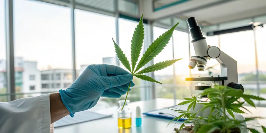 Gloved hand holding a cannabis leaf beside a microscope in a cannabis and chemotherapy research lab.