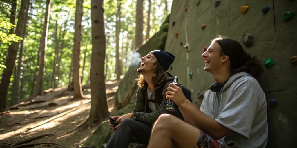 Two Cannabis and Climbing fans relaxing at the base of a forest boulder wall, laughing and enjoying the afternoon light.