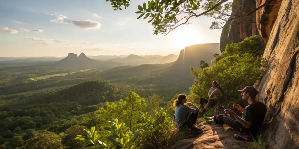 Group of Cannabis and Climbing hikers resting on a cliff ledge overlooking a vast forest valley at sunset.