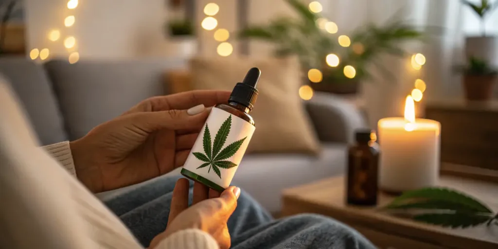 Person holding a small bottle of cannabis-and-sex infused oil in a softly lit room.