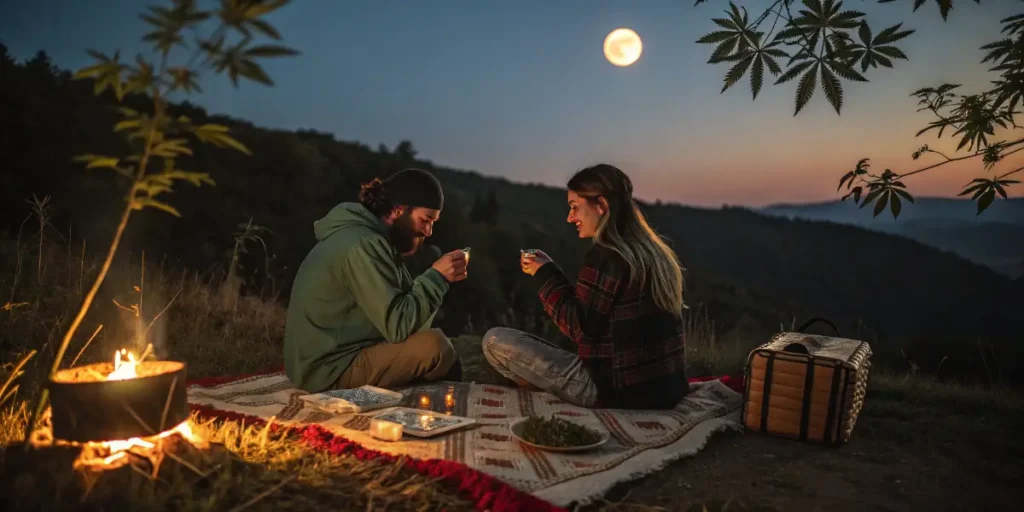 Couple enjoying a cozy cannabis-and-sex moment during a moonlit picnic with warm firelight.