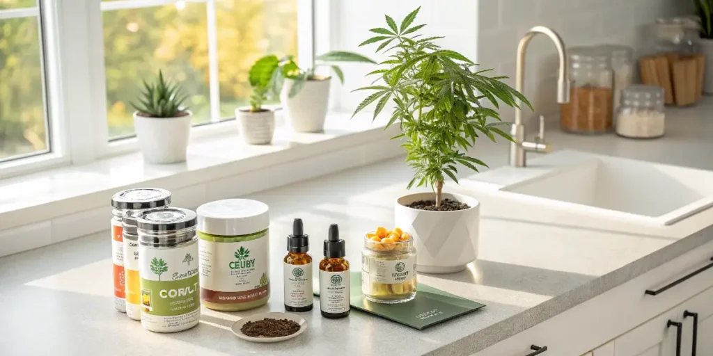 Cannabis Anxiety and CBD wellness products arranged beside a small cannabis plant on a bright kitchen counter.