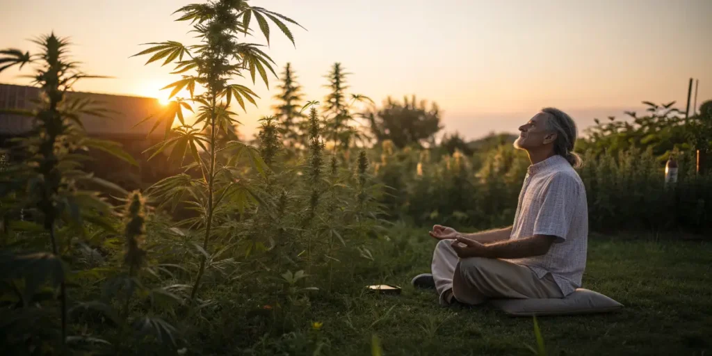 Cannabis Anxiety and CBD relaxing moment as a man meditates near tall cannabis plants at sunset.