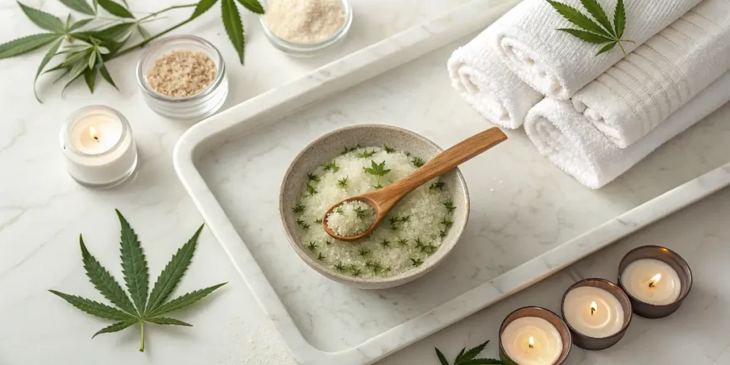 Cannabis Bath Salts arranged with spa towels and candles for a soothing wellness ritual.