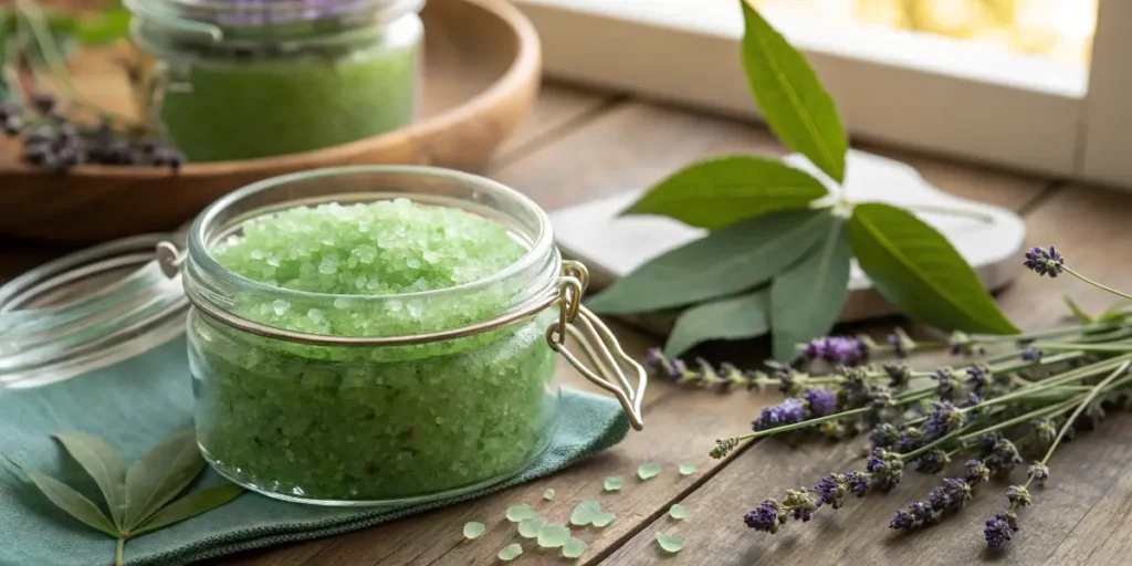 Cannabis Bath Salts displayed in a jar with herbs and lavender around it.