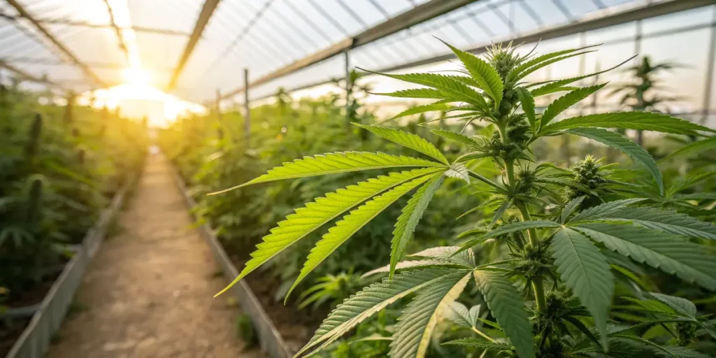 Cannabis Can Help Balance Cholestero highlighted by a cannabis plant growing under sunrise light in a greenhouse.