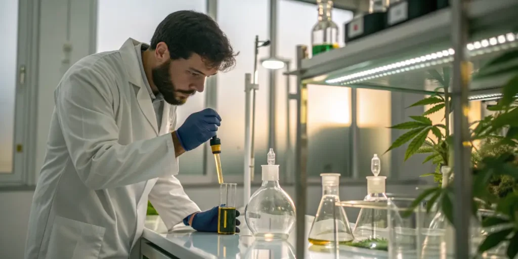 Cannabis Can Help Balance Cholestero concept shown by a scientist analyzing golden extract in a laboratory.