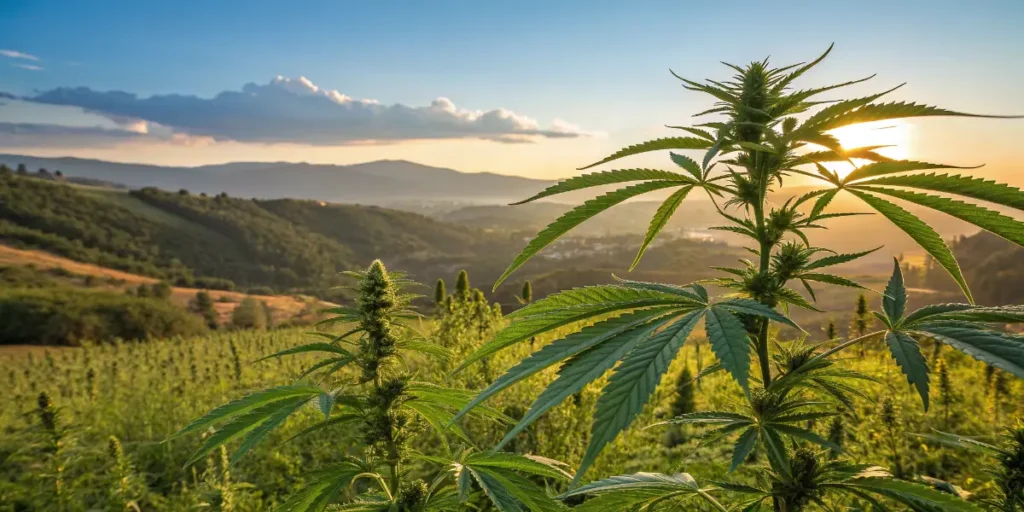 Vibrant cannabis plants in a green valley under the morning sun.