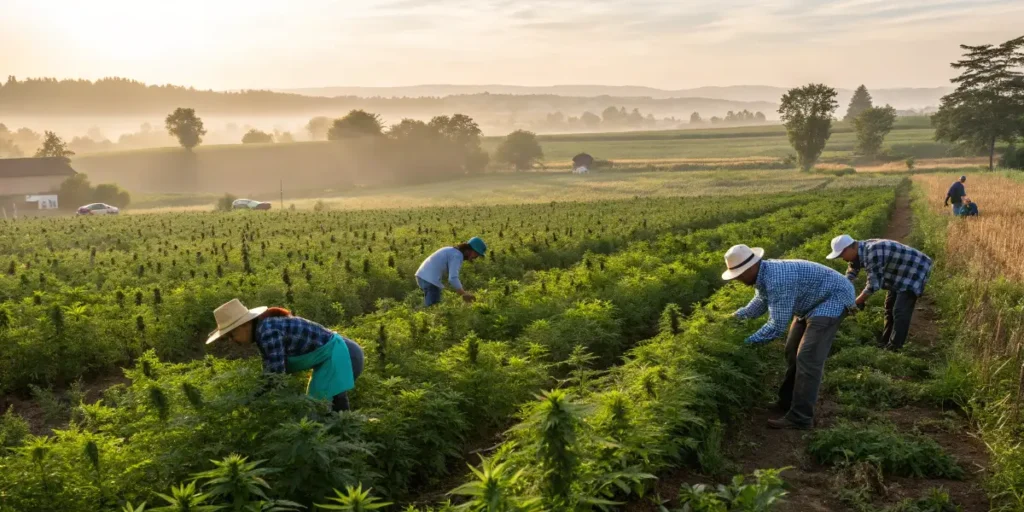 Farmers harvesting cannabis plants in a large green field at sunrise.