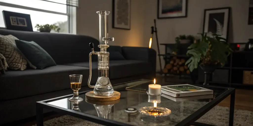 Cannabis concentrates and extracts displayed beside a clean glass dab rig on a modern table.