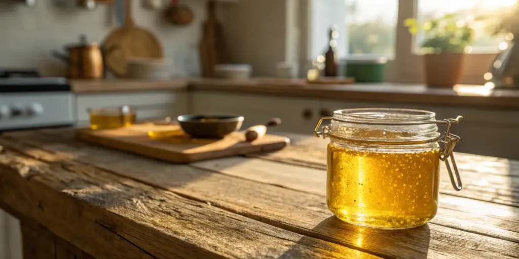 Cannabis concentrates and extracts infused in a glowing honey-like jar under warm sunlight.