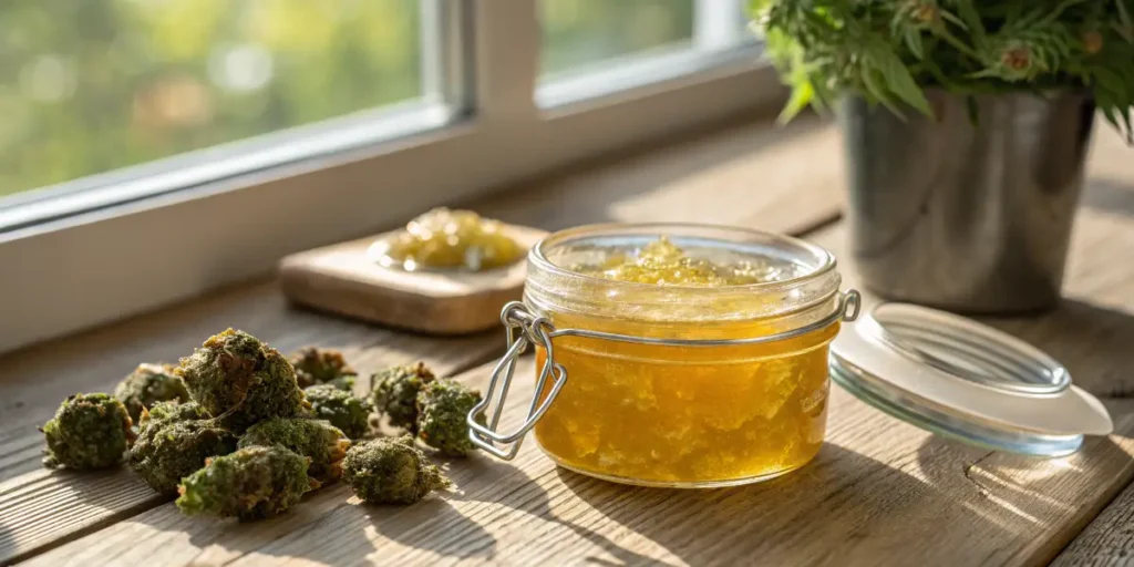 Dab rig releasing vapor beside a warm-lit living room setup, highlighting Cannabis Concentrates Live Resin usage.