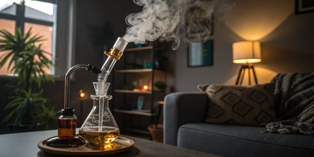 Golden Cannabis Concentrates Live Resin in a jar surrounded by trimmed cannabis flowers on a sunlit wooden surface.