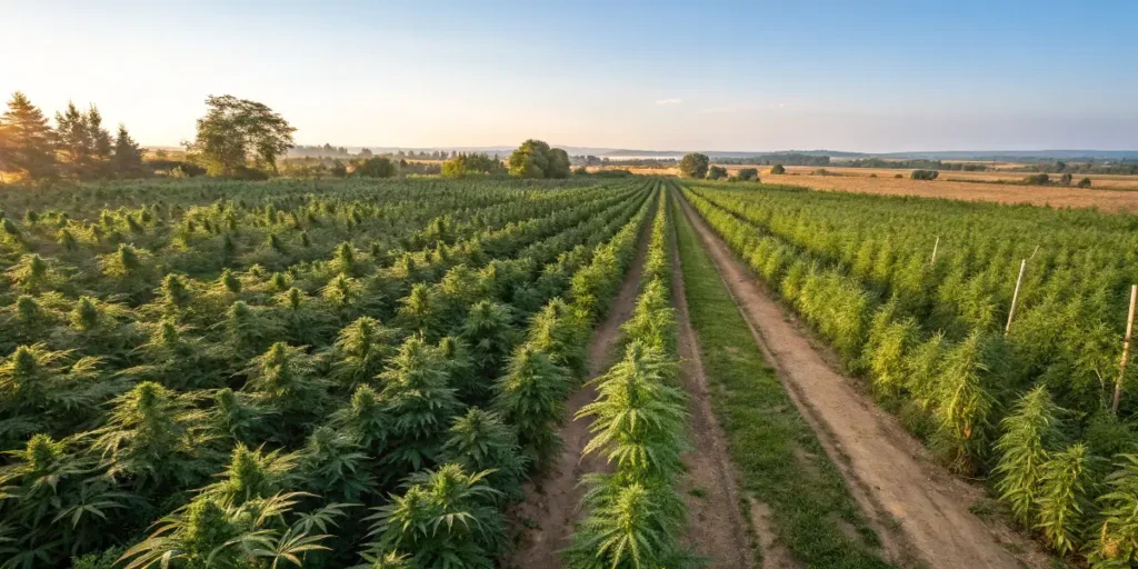 Vast outdoor cannabis field at sunset during Cannabis Conversations Orion F1 trials, with rows of tall plants stretching into the distance.