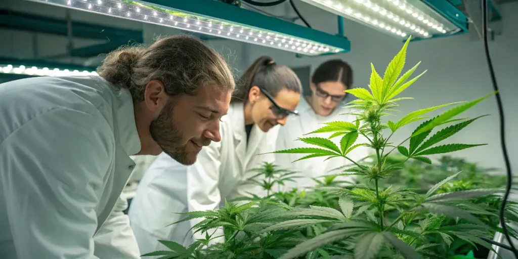 Researchers examining cannabis plants under LED lights during Cannabis Conversations Orion F1 studies in a controlled lab environment.