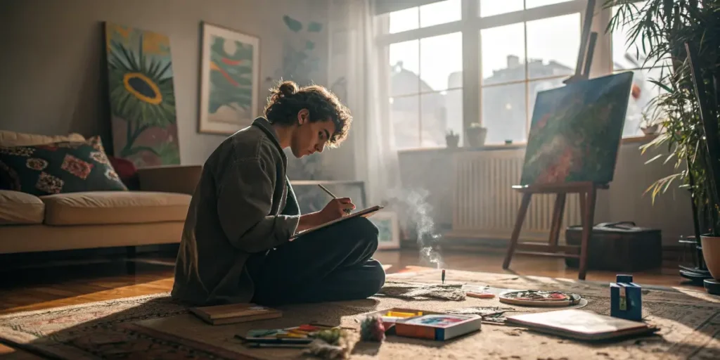 Young artist sketching on the floor of a cozy, sunlit room.