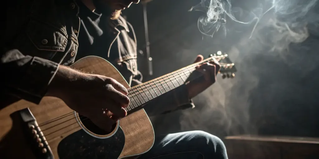 Musician playing an acoustic guitar in a dimly lit, smoky room.