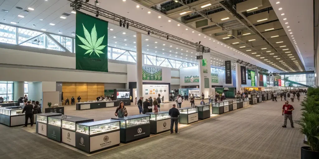 Wide view of an indoor Cannabis Cups trade show with vendor booths, large cannabis leaf banners, and attendees browsing products.