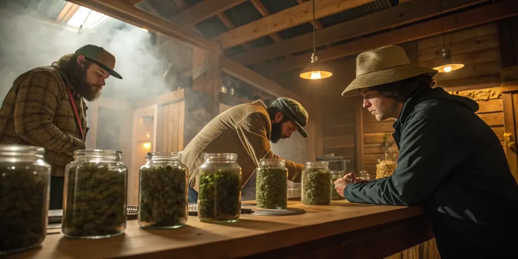 Vintage Cannabis Cups scene with judges examining jars of cannabis buds on a wooden counter inside a rustic cabin.