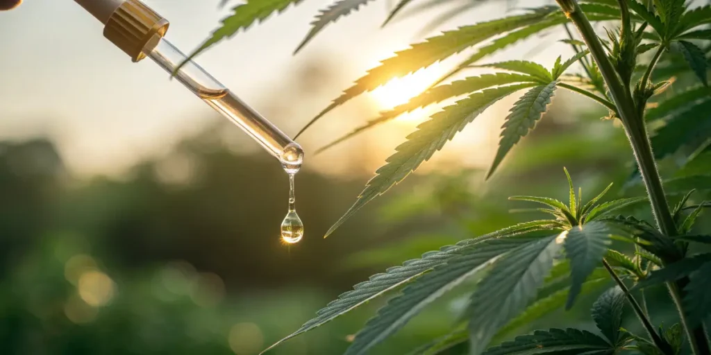 Cannabis Distillate dripping from a glass dropper beside green leaves under warm sunlight.