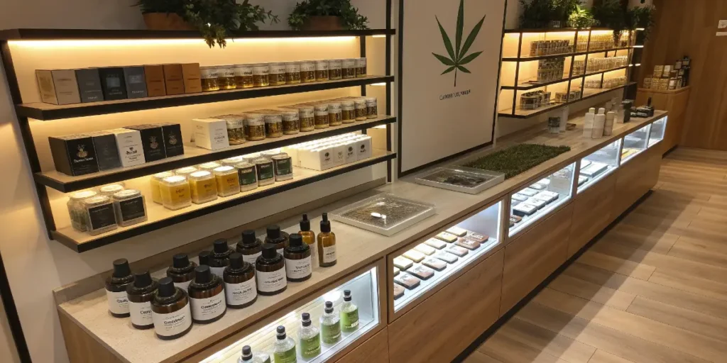 Cannabis Distillate products displayed on shelves and counters inside a modern wellness shop.