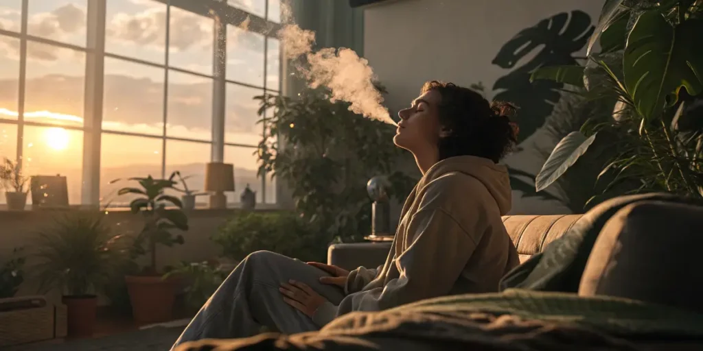Woman exhaling smoke indoors at sunset, surrounded by plants, subtly illustrating cannabis effects in a relaxed setting.