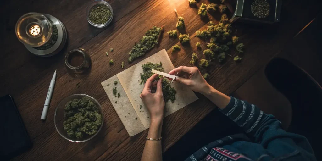 Hands rolling a joint on a wooden table, showcasing cannabis effects through preparation and scattered buds.