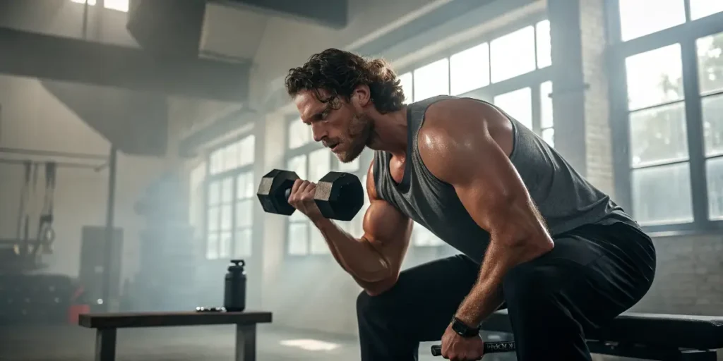 Workout session enhanced by the Cannabis and Exercise approach, with a man lifting dumbbells in a modern gym.