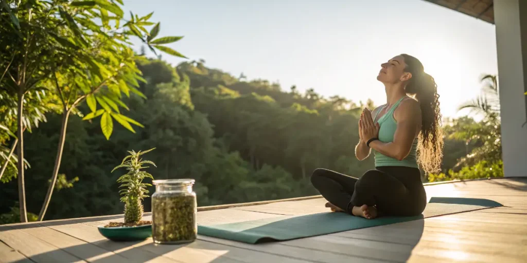 A peaceful yoga routine outdoors, reflecting the balance promoted by Cannabis and Exercise alongside nature.
