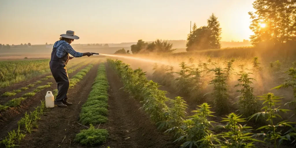 Farmer spraying Cannabis Extracts a organic Fungicide Solution on outdoor cannabis plants at sunrise.