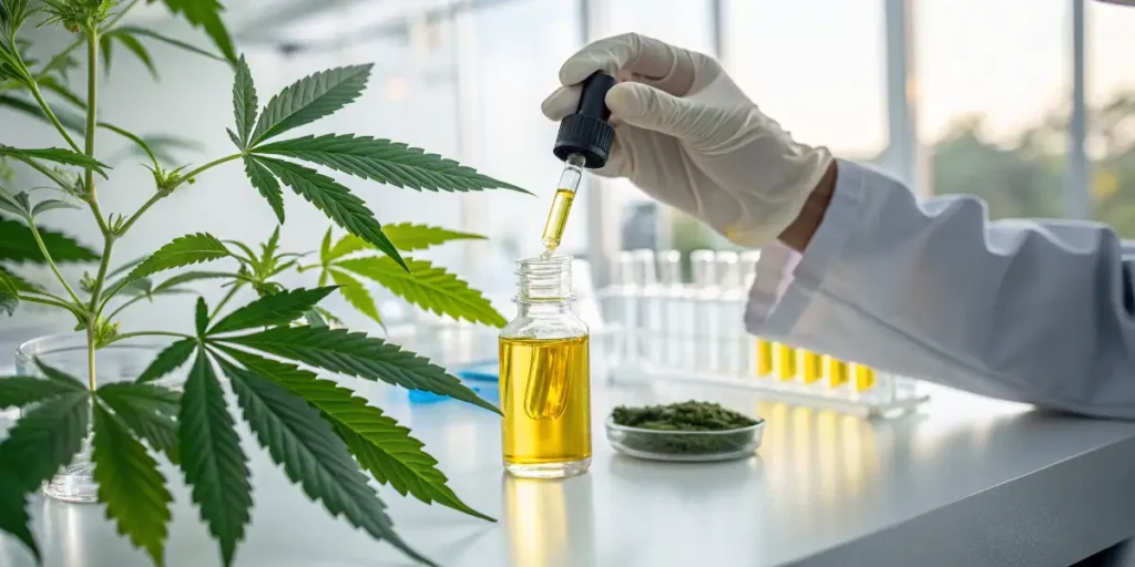 Scientist using a dropper with Cannabis Extracts a organic Fungicide Solution beside fresh cannabis leaves.