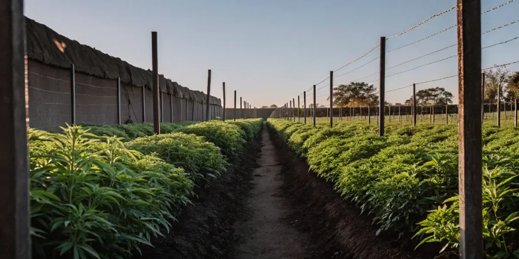 outdoor cannabis field with rows of healthy plants under sunlight