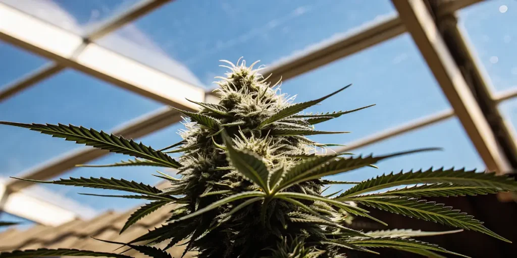 close-up of a cannabis plant in the 9th week of flowering inside a greenhouse