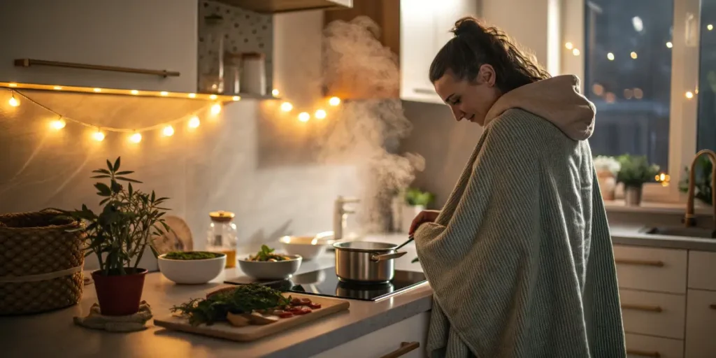 Woman simmering a pot beside fresh cannabis leaves and ingredients for cold and flu remedies.