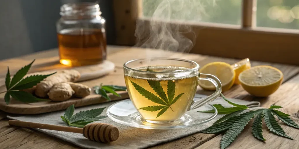 Steaming cannabis-infused tea with lemon, honey, and ginger arranged for cold and flu support.