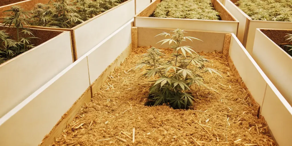 Top view of a lush cannabis garden with multiple healthy plants.