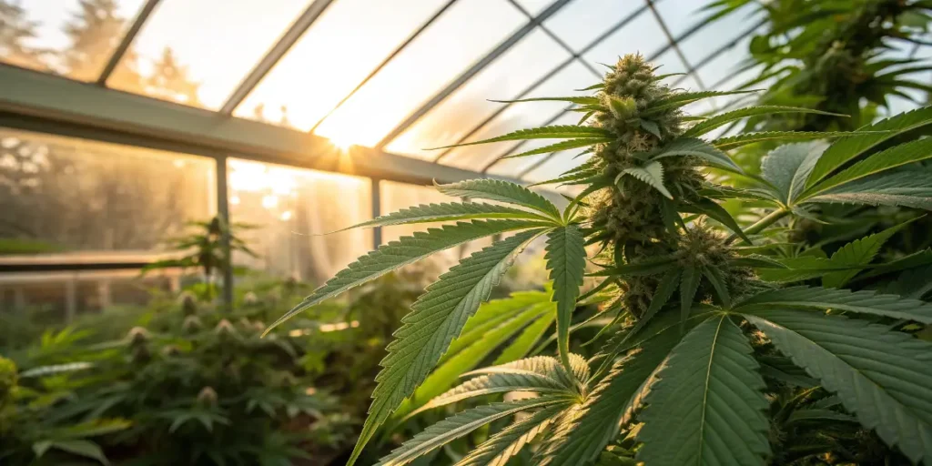 Cannabis plants growing in greenhouse for plant extracts study.
