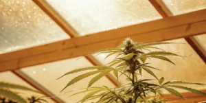 Cannabis plant illuminated by warm sunlight inside a greenhouse.