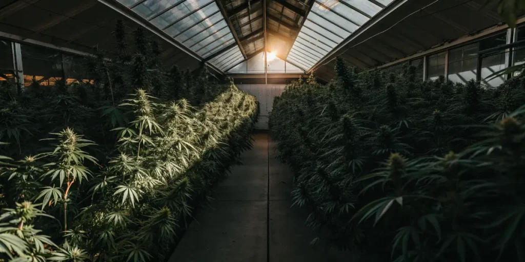 Wide view of a greenhouse filled with cannabis plants under natural sunlight