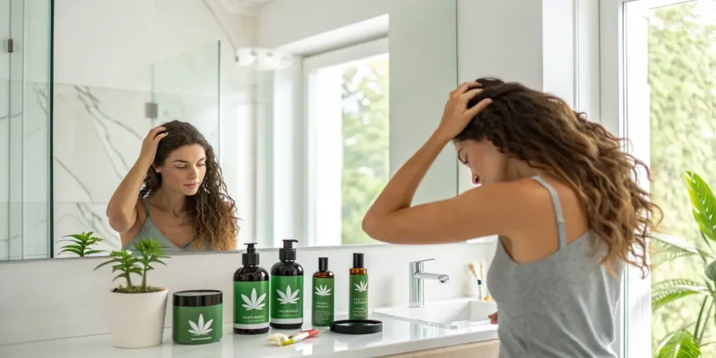 Woman checking her hair in the mirror beside cannabis hair-care products, highlighting the effects of cannabis on hair.