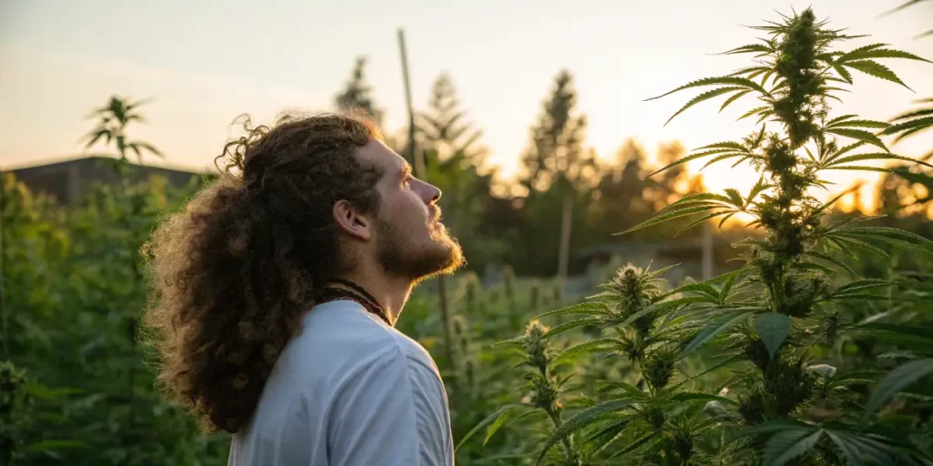Man with long curly hair standing in a cannabis field at sunset, exploring the effects of cannabis on hair.