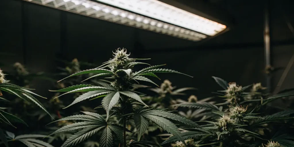 Indoor cannabis cultivation under LED grow lights with healthy buds