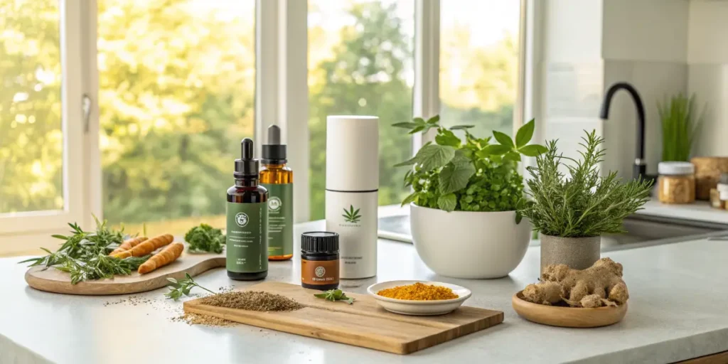 Cannabis and Inflammation remedies arranged on a bright kitchen counter with herbs and oils.