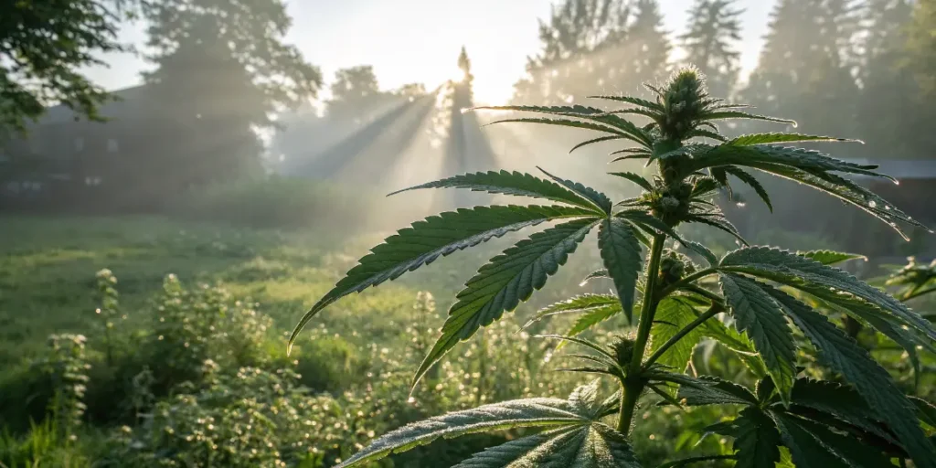 Cannabis and Inflammation relief plant glowing with morning dew under soft sunrise rays.