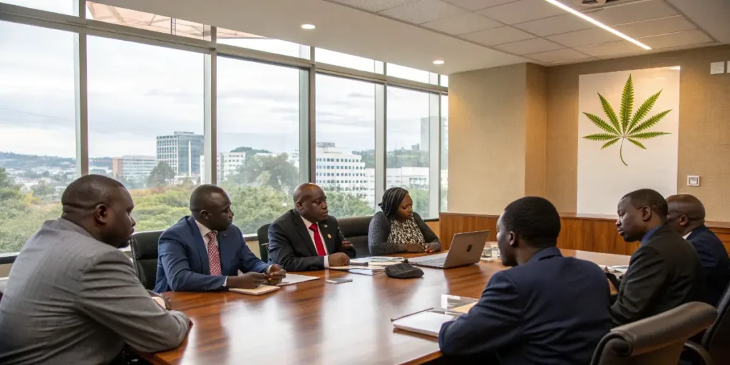 African policymakers discussing cannabis legislation in a modern conference room.